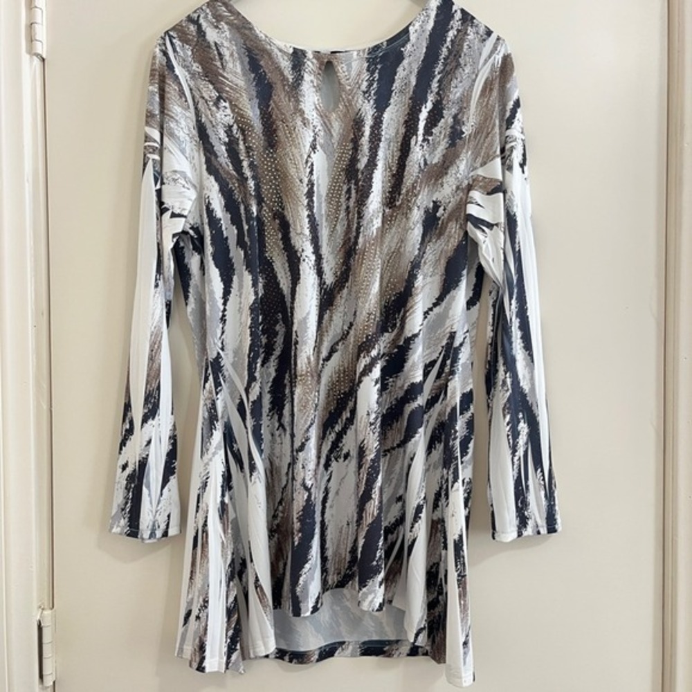 Abstract Print Tunic Top‎ Medium Rhinestone Keyhole Neck Swing Stretch Made USA